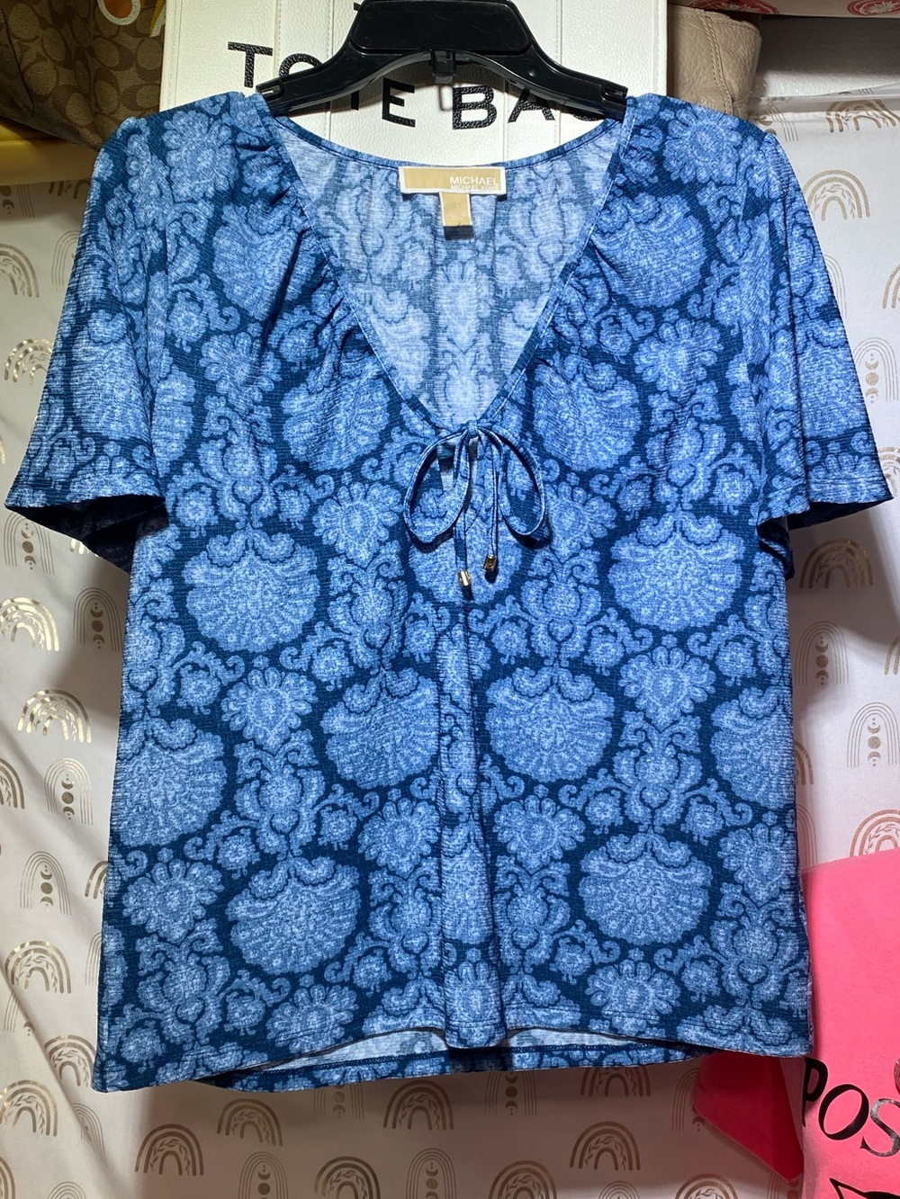 Michael Kors Navy and Light Blue Paisley Tie-Front Short Sleeve Top